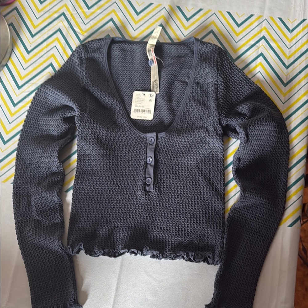 Free People Navy Long Sleeve Knit Top.